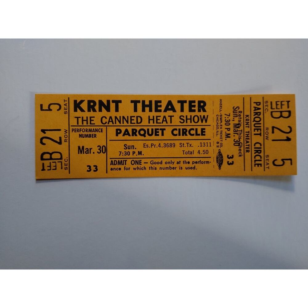 Canned Heat Show KRNT Theater Concert Ticket Vintage Music Memorabilia